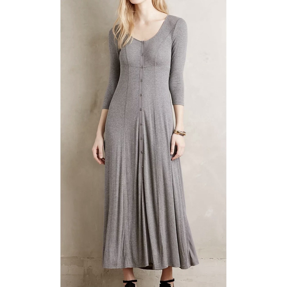 Maeve Anthropologie Gray Ribbed Knit Button Front Maxi Dress Medium Boho